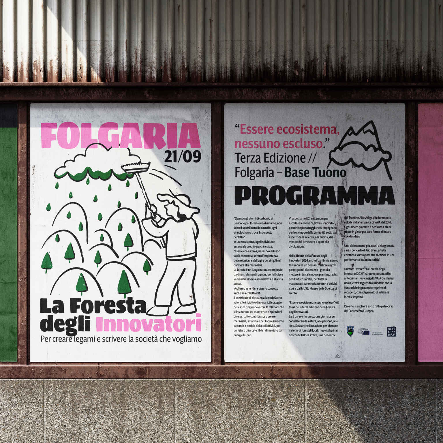 Poster illustrato: un uomo scaccia le nuvole e la pioggia si trasforma in alberi piantati